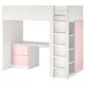 картинка SMÅSTAD СМОСТАД Кровать-чердак - белый бледно-розовый/с письменным столом с 3 ящиками 90x200 см от магазина Wmart