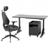 картинка UPPSPEL УППСПЕЛЬ / GRUPPSPEL ГРУППСПЕЛЬ Письменный стол, стул и тумба - черный/Гранн черный 140x80 см от магазина Wmart