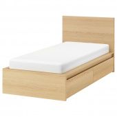 картинка MALM МАЛЬМ Каркас кровати+2 кроватных ящика - дубовый шпон, беленый/Лурой 90x200 см от магазина Wmart