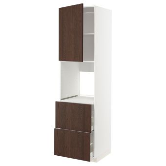 картинка METOD МЕТОД / MAXIMERA МАКСИМЕРА Выс шкаф д/духовки+дв/2фрнт/2выс ящ - белый/Синарп коричневый 60x60x220 см от магазина Wmart