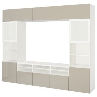 картинка BESTÅ БЕСТО Шкаф для ТВ, комбин/стеклян дверцы - белый/Сельсвикен глянцевый/бежевый матовое стекло 300x42x231 см от магазина Wmart