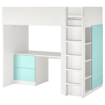 картинка SMÅSTAD СМОСТАД Кровать-чердак - белый бледно-бирюзовый/с письменным столом с 3 ящиками 90x200 см от магазина Wmart
