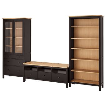 картинка HEMNES ХЕМНЭС Шкаф для ТВ, комбинация - черно-коричневый/светло-коричневый прозрачное стекло 326x197 см от магазина Wmart