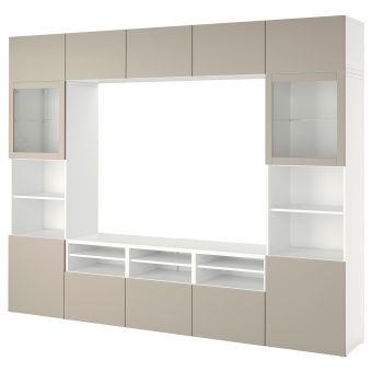 картинка BESTÅ БЕСТО Комбинация для ТВ/стеклянные дверцы - белый Синдвик/Лаппвикен светло-серый/бежевый 300x42x231 см от магазина Wmart