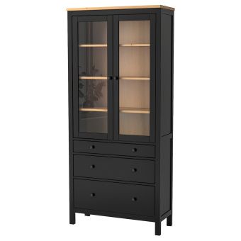 картинка HEMNES ХЕМНЭС Шкаф-витрина с 3 ящиками - черно-коричневый/светло-коричневый 90x197 см от магазина Wmart