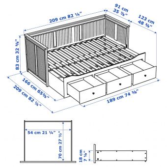 ХЕМНЭС Каркас кровати-кушетки с 3 ящиками, белый, 80x200 см