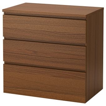 картинка MALM МАЛЬМ Комод с 3 ящиками - коричневая морилка ясеневый шпон 80x78 см от магазина Wmart