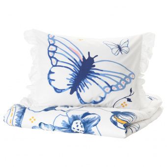 СОНГЛЭРКА Пододеяльник и 1 наволочка, бабочка, белый синий, 150x200/50x70 см