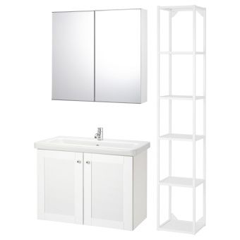 картинка FISKÅN ФИСКОН / TVÄLLEN ТВЭЛЛЕН Комплект мебели для ванной,7 предм. - Йельсен белый/ПИЛКОН смеситель 84x43x65 см от магазина Wmart