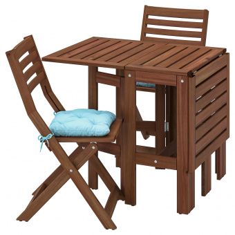 картинка ÄPPLARÖ ЭПЛАРО Стол+2 складных стула,д/сада - коричневая морилка/Куддарна голубой от магазина Wmart