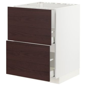 картинка METOD МЕТОД / MAXIMERA МАКСИМЕРА Напольн шк п-мойку+2фрнт пнл/2 ящ - белый Аскерсунд/темно-коричневый под ясень 60x60 см от магазина Wmart