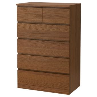 картинка MALM МАЛЬМ Комод с 6 ящиками - коричневая морилка ясеневый шпон 80x123 см от магазина Wmart