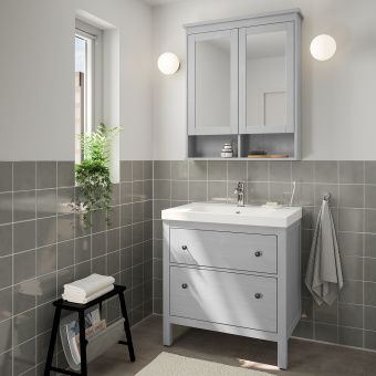 картинка ХЕМНЭС / ОДЕНСВИК Комплект мебели для ванной,4 предм., серый, ВОКСНАН смеситель, 83 см от магазина Wmart