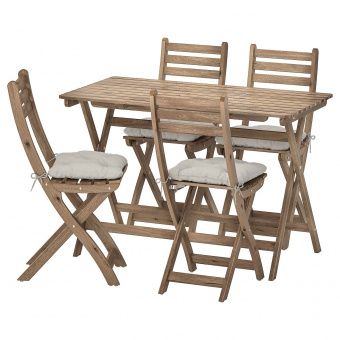 АСКХОЛЬМЕН Стол+4 складных стула, д/сада, серо-коричневая морилка, Куддарна серый