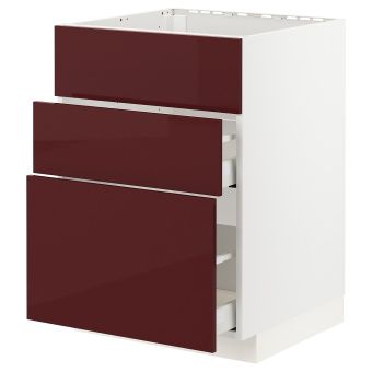 картинка METOD МЕТОД / MAXIMERA МАКСИМЕРА Напольн шк п-мойку+3фрнт пнл/2ящ - белый Калларп/глянцевый темный красно-коричневый 60x60 см от магазина Wmart