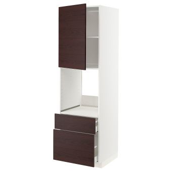 картинка METOD МЕТОД / MAXIMERA МАКСИМЕРА Выс шк д/дхвк+двр/2фрнт/1срд/1вс ящ - белый Аскерсунд/темно-коричневый под ясень 60x60x200 см от магазина Wmart