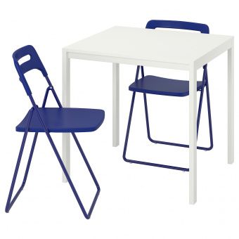 МЕЛЬТОРП / НИССЕ Стол и 2 складных стула, белый, темный сине-сиреневый, 75 см