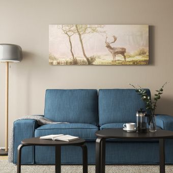 картинка БЬЁРКСТА Картина с рамой, Олень на поляне, цвет алюминия, 140x56 см от магазина Wmart