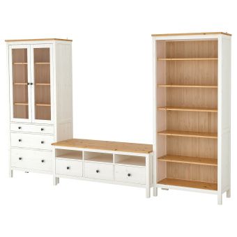 картинка HEMNES ХЕМНЭС Шкаф для ТВ, комбинация - белая морилка/светло-коричневый прозрачное стекло 326x197 см от магазина Wmart
