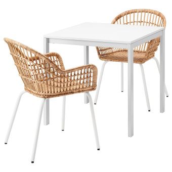картинка MELLTORP МЕЛЬТОРП / NILSOVE НИЛЬСОВЕ Стол и 2 стула - белый/ротанг белый 75x75 см от магазина Wmart